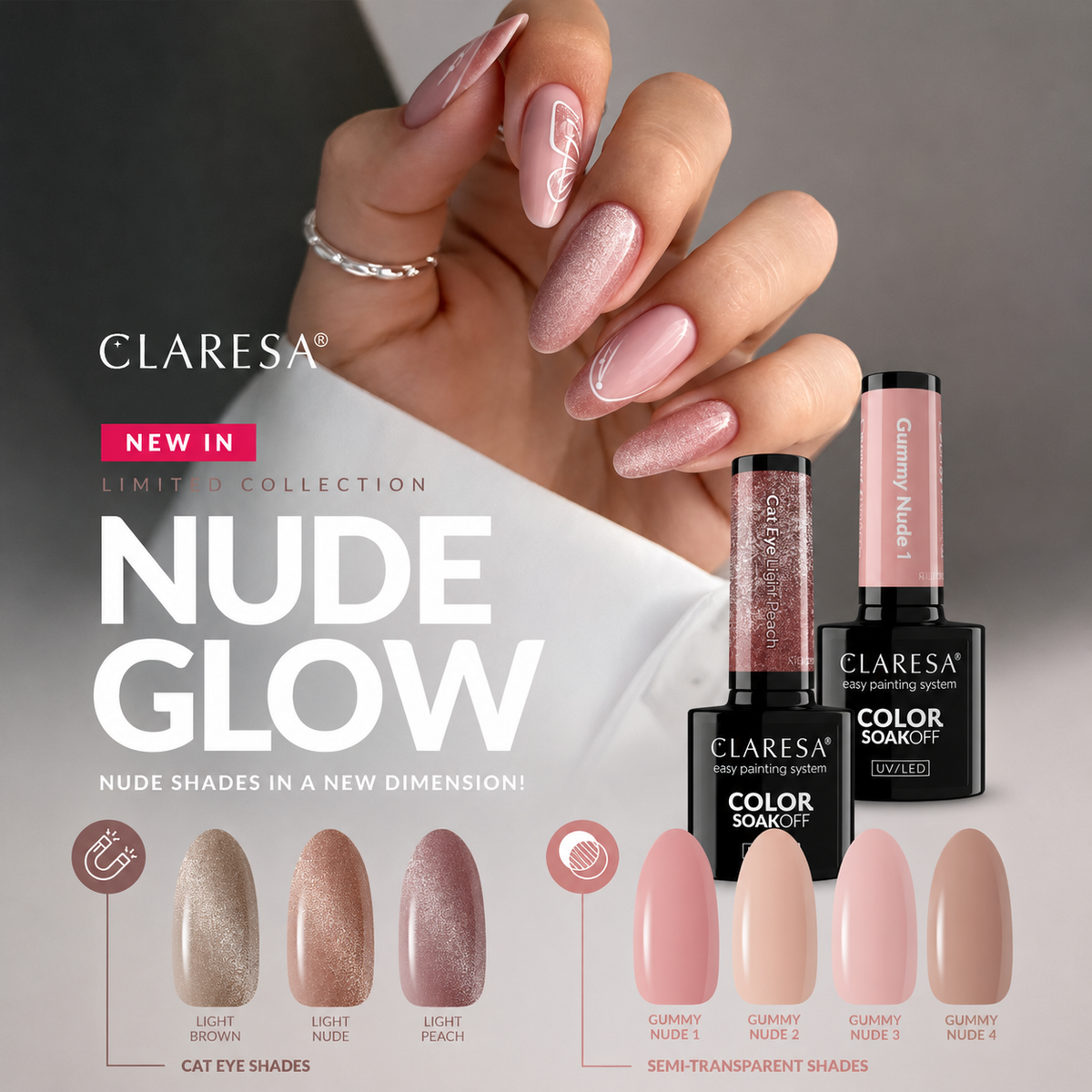 Claresa Gummy Nude 2 nude μπεζ ημιμόνιμο βερνίκι νυχιών 5g στη συλλογή Nude Glow με δείγματα αποχρώσεων και manicure