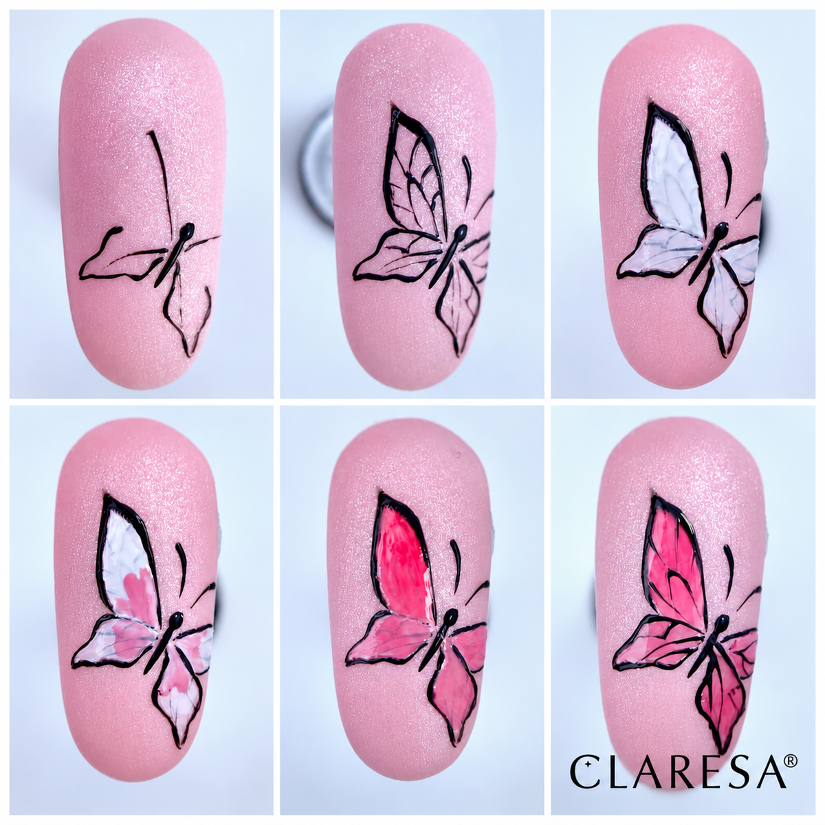 Claresa Kiss Me! 1 5g ροζ ημιμόνιμο βερνίκι νυχιών σε απαλή ροζ glitter απόχρωση με step by step σχέδιο πεταλούδας