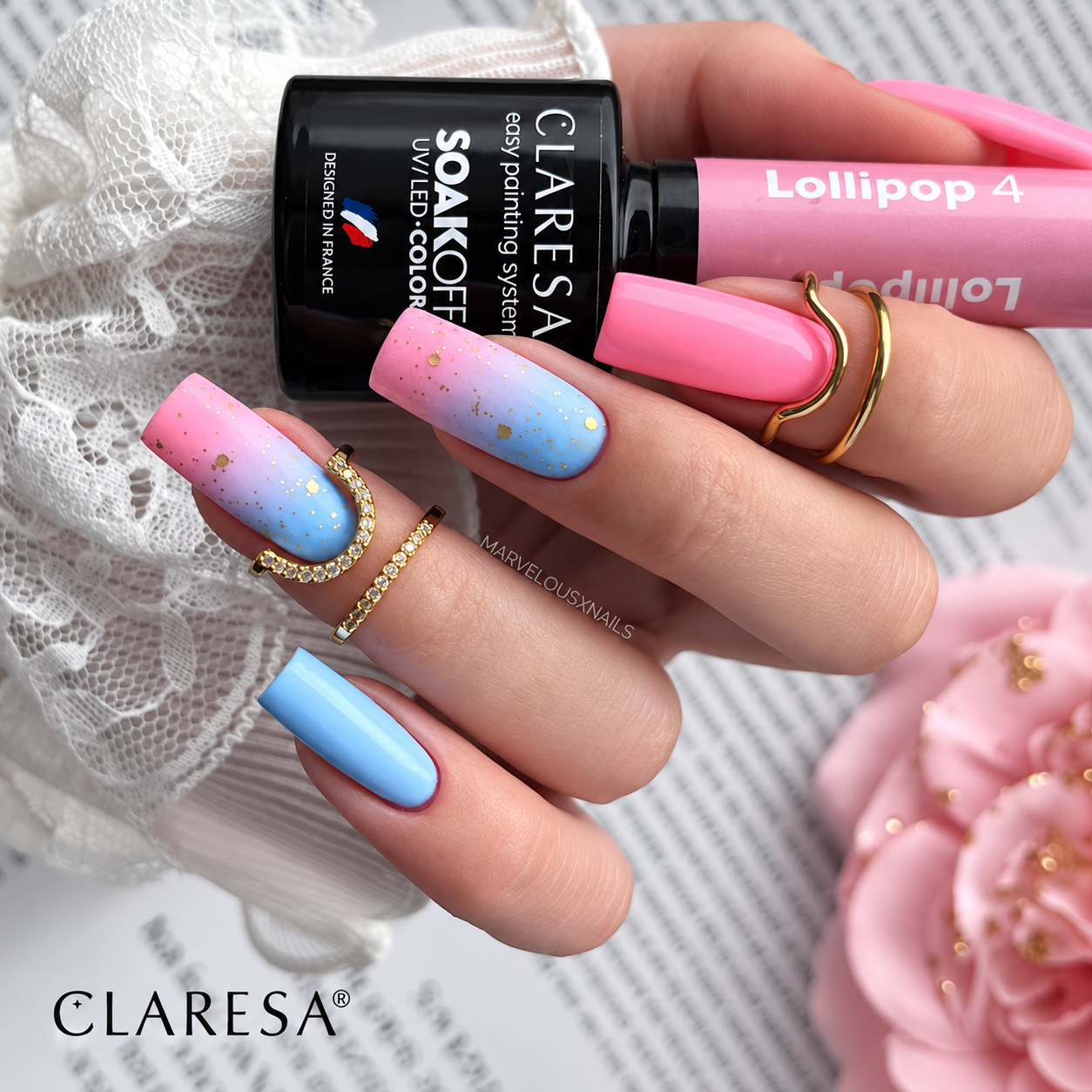 Claresa Lollipop 4 5g ροζ ημιμόνιμο βερνίκι νυχιών σε malinowo-milk ροζ απόχρωση με pastel pink και baby blue nail art και χρυσές λεπτομέρειες