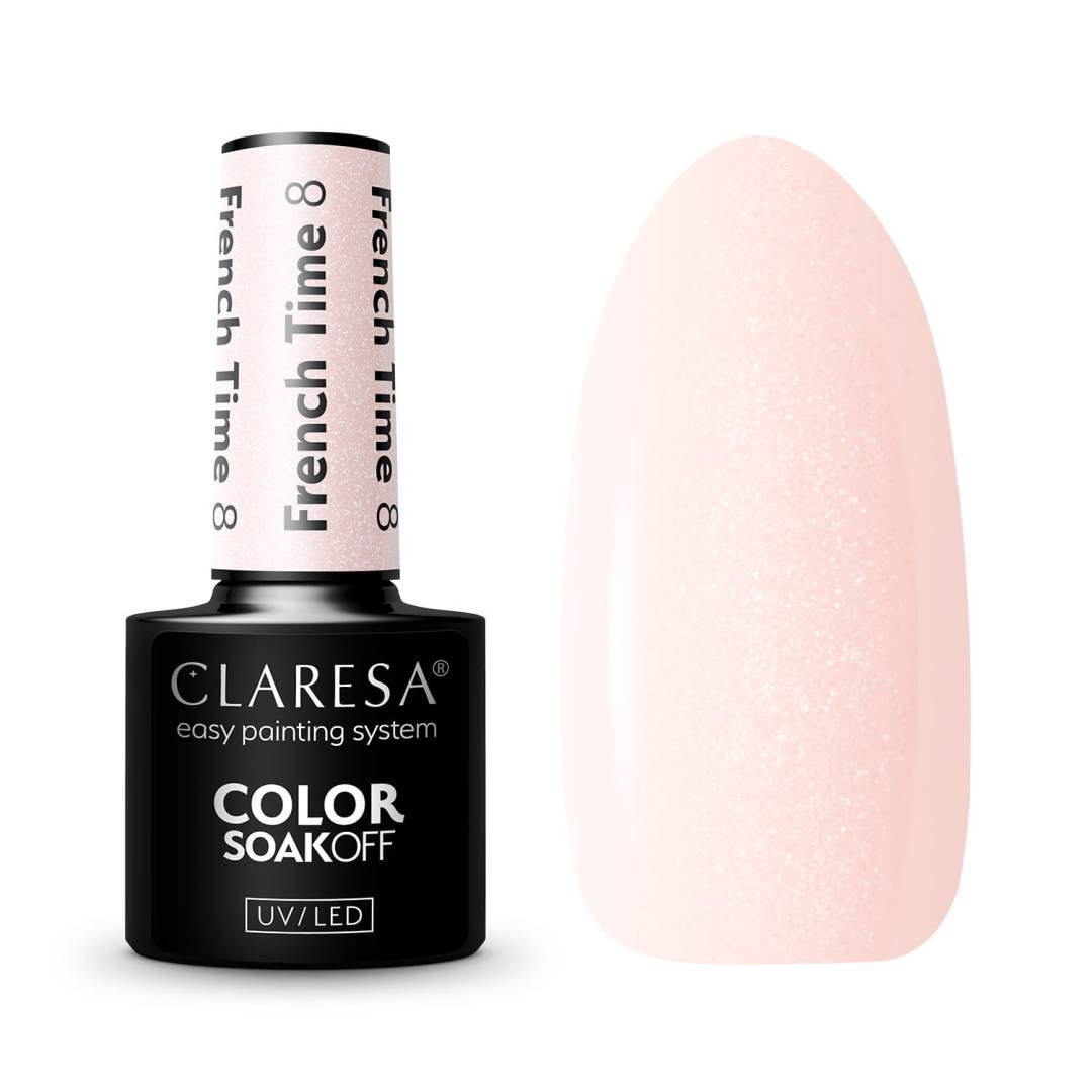 Claresa French Time 8 5ml ημιμόνιμο βερνίκι νυχιών σε milky peach pink απόχρωση με διακριτικό pearl shimmer για French manicure, bridal nails και φυσικό nude αποτέλεσμα.