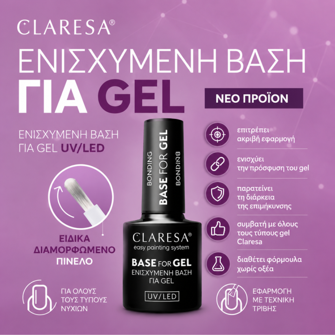 Claresa Ενισχυμένη Βάση για Gel – Infographic με χαρακτηριστικά: acid-free, ειδικό πινέλο, συμβατή με όλους τους τύπους νυχιών