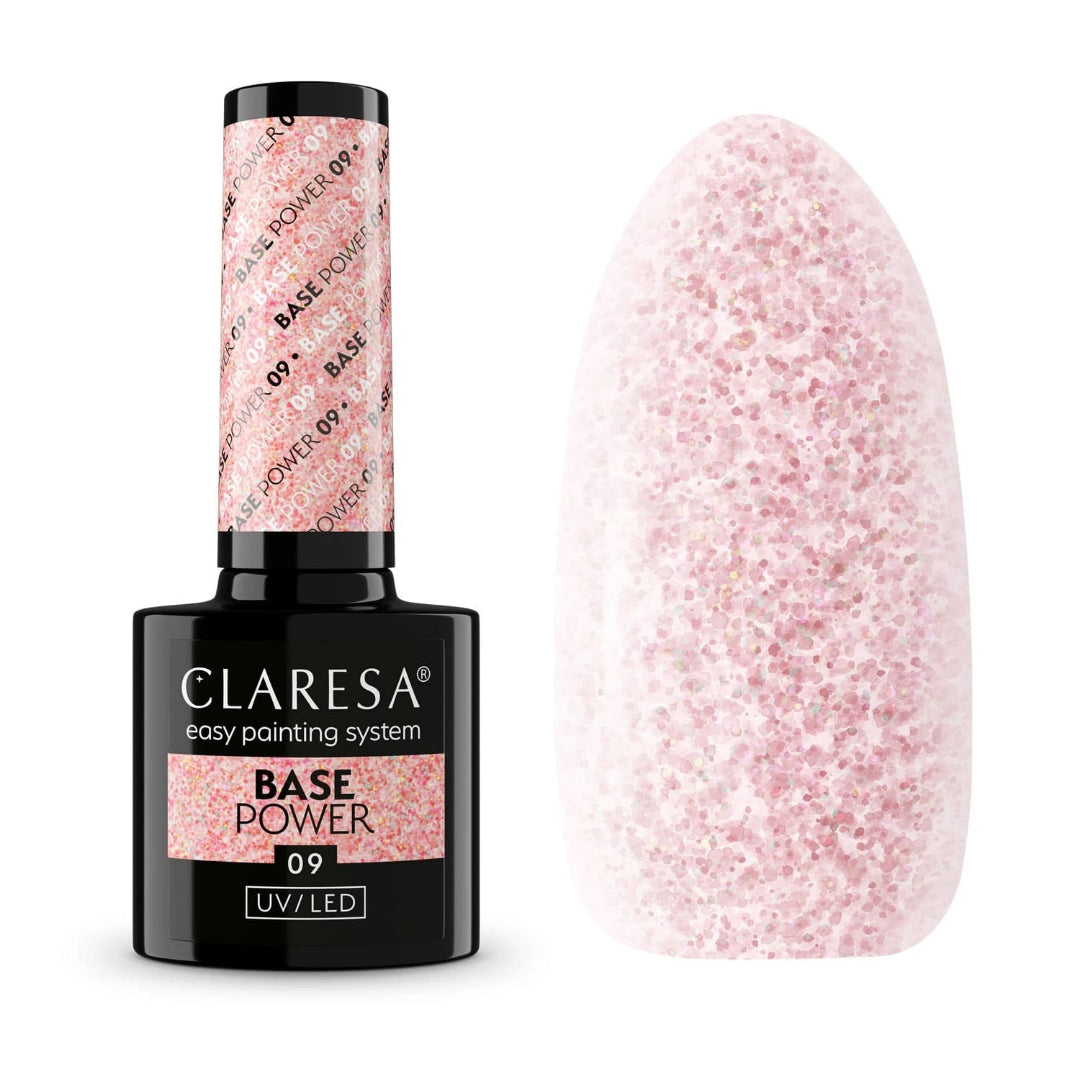 Claresa Base Power 09 – Αυτοεπιπεδούμενη Ενισχυμένη Βάση Νυχιών 5gr, Rose Gold Glitter, UV/LED