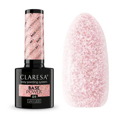 Claresa Base Power 09 – Αυτοεπιπεδούμενη Ενισχυμένη Βάση Νυχιών 5gr, Rose Gold Glitter, UV/LED