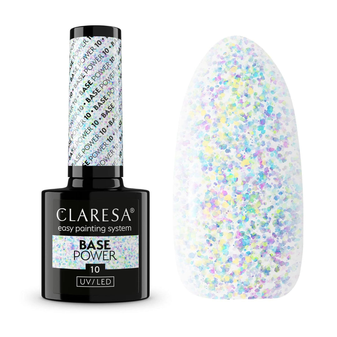 Claresa Base Power 10 – Αυτοεπιπεδούμενη Ενισχυμένη Βάση Νυχιών 5gr, Διαφανής με Glitter, UV/LED