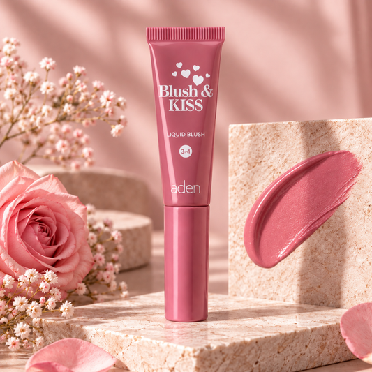 Aden Blush & Kiss 01 Pink Petal 8ml 3in1 υγρό ρουζ σε ροζ απόχρωση, σε luxury beauty setting με ροζ τριαντάφυλλο, μάρμαρο και κομψές λεπτομέρειες