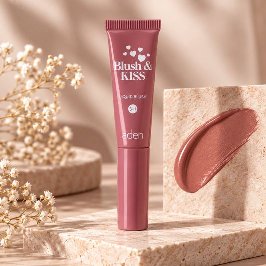 Aden Blush & Kiss 02 Sunkissed 8ml 3in1 υγρό ρουζ σε ζεστή μπρονζέ nude απόχρωση, σε luxury beauty setting με δείγμα χρώματος.