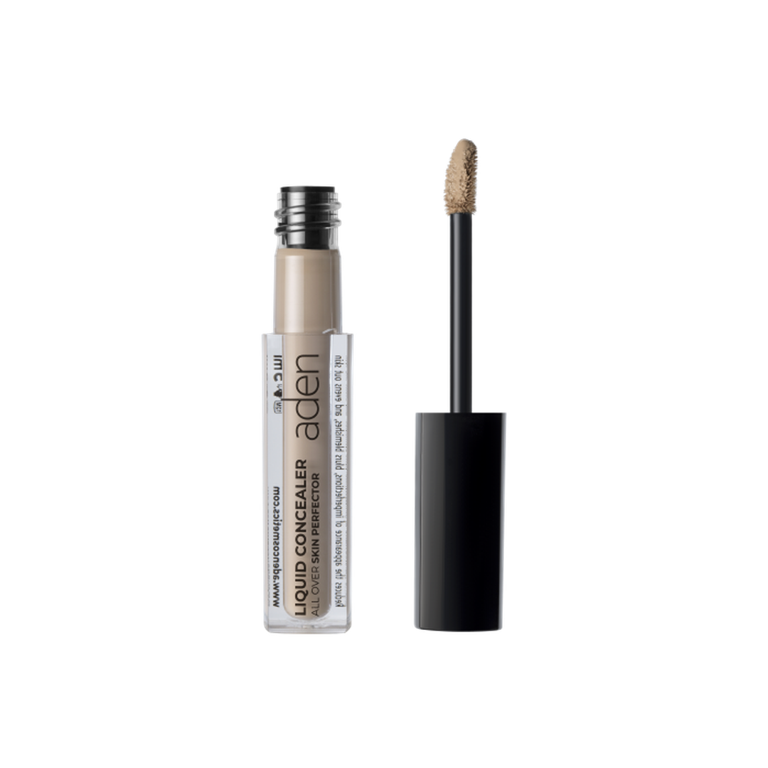 Aden All Over Skin Perfector Liquid Concealer 5ml υγρό concealer σε φυσική μπεζ απόχρωση, με απλικατέρ και μαύρο καπάκι, σε λευκό φόντο