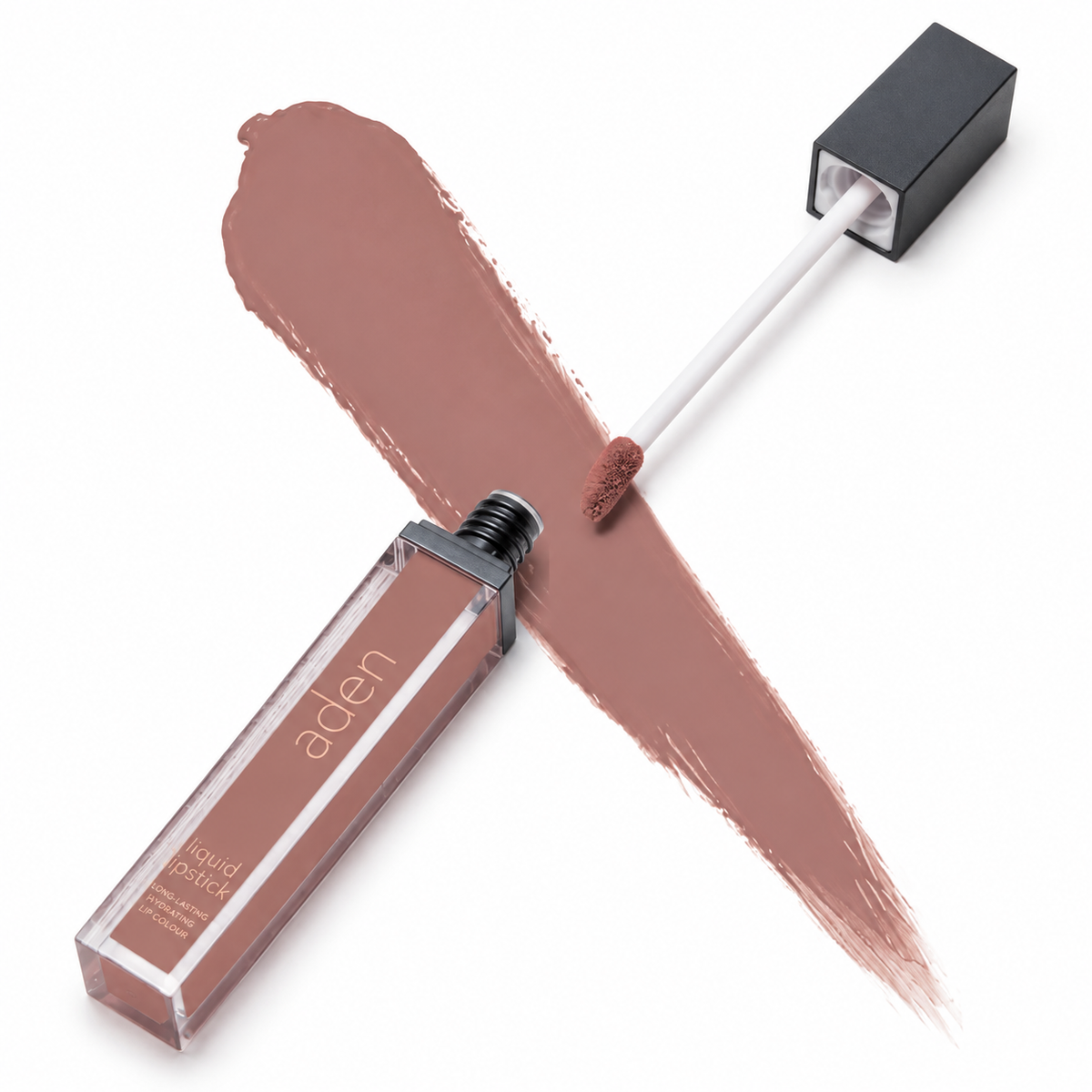 Aden Liquid Lipstick Νο 2 ματ υγρό κραγιόν σε dusty rose nude απόχρωση με applicator και δείγμα χρώματος σε λευκό φόντο