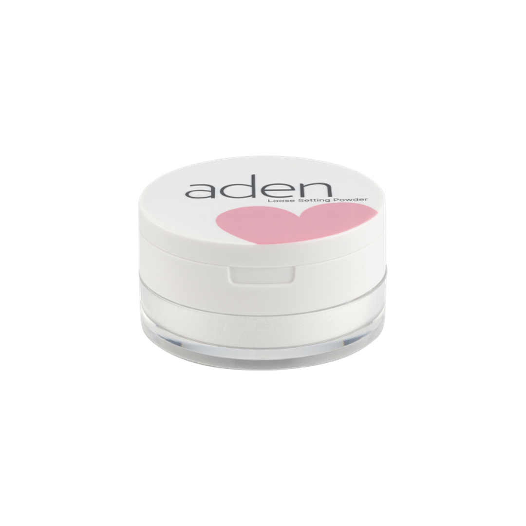 Aden Loose Setting Powder 10g διάφανη λεπτόκοκκη πούδρα σταθεροποίησης μακιγιάζ σε λευκή κλειστή συσκευασία με ροζ λεπτομέρεια, σε λευκό φόντο