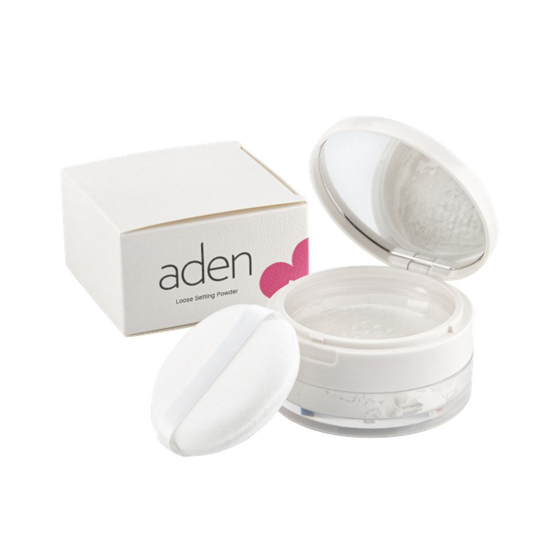 Aden Loose Setting Powder 10g διάφανη λεπτόκοκκη πούδρα σταθεροποίησης μακιγιάζ με βελούδινο ματ φινίρισμα, σε λευκή συσκευασία με puff και κουτί σε λευκό φόντο
