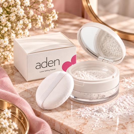 Aden Loose Setting Powder 10g διάφανη λεπτόκοκκη πούδρα σταθεροποίησης μακιγιάζ σε κομψή λευκή συσκευασία με puff και καθρέφτη, σε luxury beauty setting με μάρμαρο και elegant διακόσμηση.