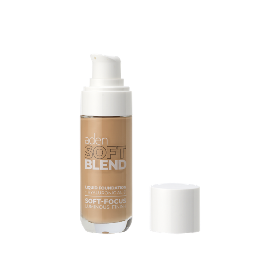 Aden Soft Blend Liquid Foundation 03 Nude 30ml υγρό foundation με υαλουρονικό οξύ σε φυσική nude-μπεζ απόχρωση, με αντλία και λευκό καπάκι, σε λευκό φόντο