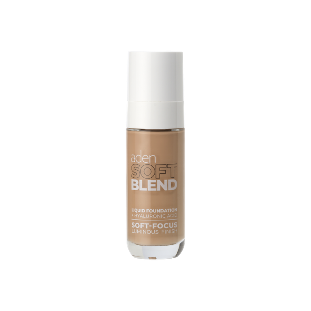 Aden Soft Blend Liquid Foundation 04 Soft Sand 30ml υγρό foundation με υαλουρονικό οξύ σε φυσική ζεστή μπεζ απόχρωση, με soft-focus και luminous φινίρισμα, σε λευκό φόντο