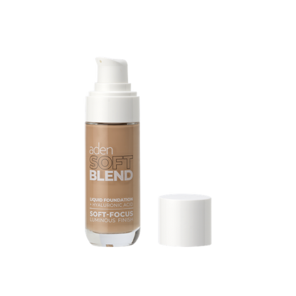 Aden Soft Blend Liquid Foundation 04 Soft Sand 30ml υγρό foundation με υαλουρονικό οξύ σε φυσική μπεζ-ζεστή απόχρωση, με soft-focus και luminous φινίρισμα, σε λευκό φόντο