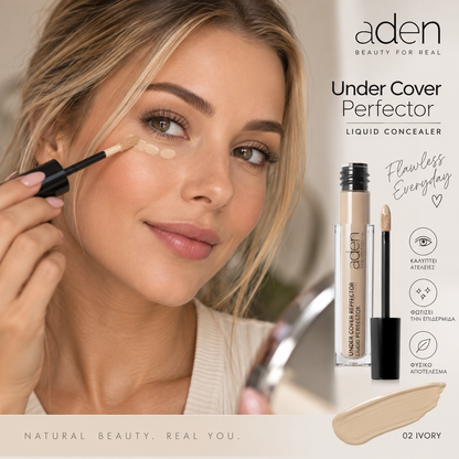 Aden Under Cover Perfector 02 Ivory υγρό κονσίλερ σε ανοιχτή ivory απόχρωση, εφαρμοσμένο κάτω από τα μάτια με απλικατέρ σε elegant lifestyle beauty φωτογραφία