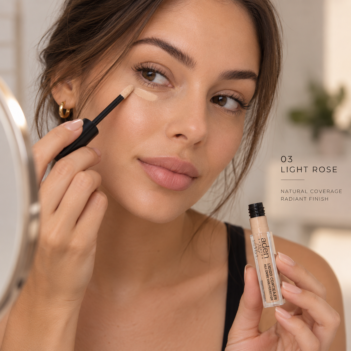 Aden Under Cover Perfector 03 Light Rose υγρό κονσίλερ 5ml σε ανοιχτή ροζ-μπεζ απόχρωση, εφαρμοσμένο κάτω από τα μάτια με απλικατέρ σε elegant lifestyle beauty φωτογραφία