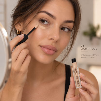 Aden Under Cover Perfector 03 Light Rose υγρό κονσίλερ 5ml σε ανοιχτή ροζ-μπεζ απόχρωση, εφαρμοσμένο κάτω από τα μάτια με απλικατέρ σε elegant lifestyle beauty φωτογραφία