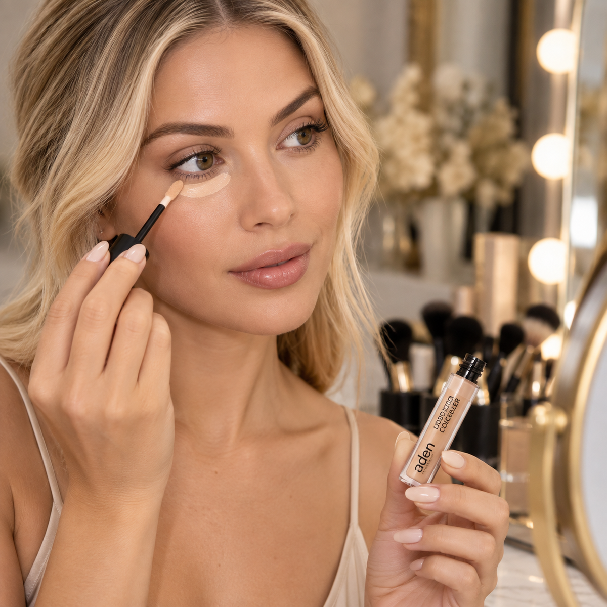Aden Under Cover Perfector 04 Vanilla 5ml υγρό κονσίλερ σε ανοιχτή μπεζ-βανίλια απόχρωση, εφαρμοσμένο κάτω από τα μάτια με απλικατέρ σε elegant lifestyle beauty φωτογραφία