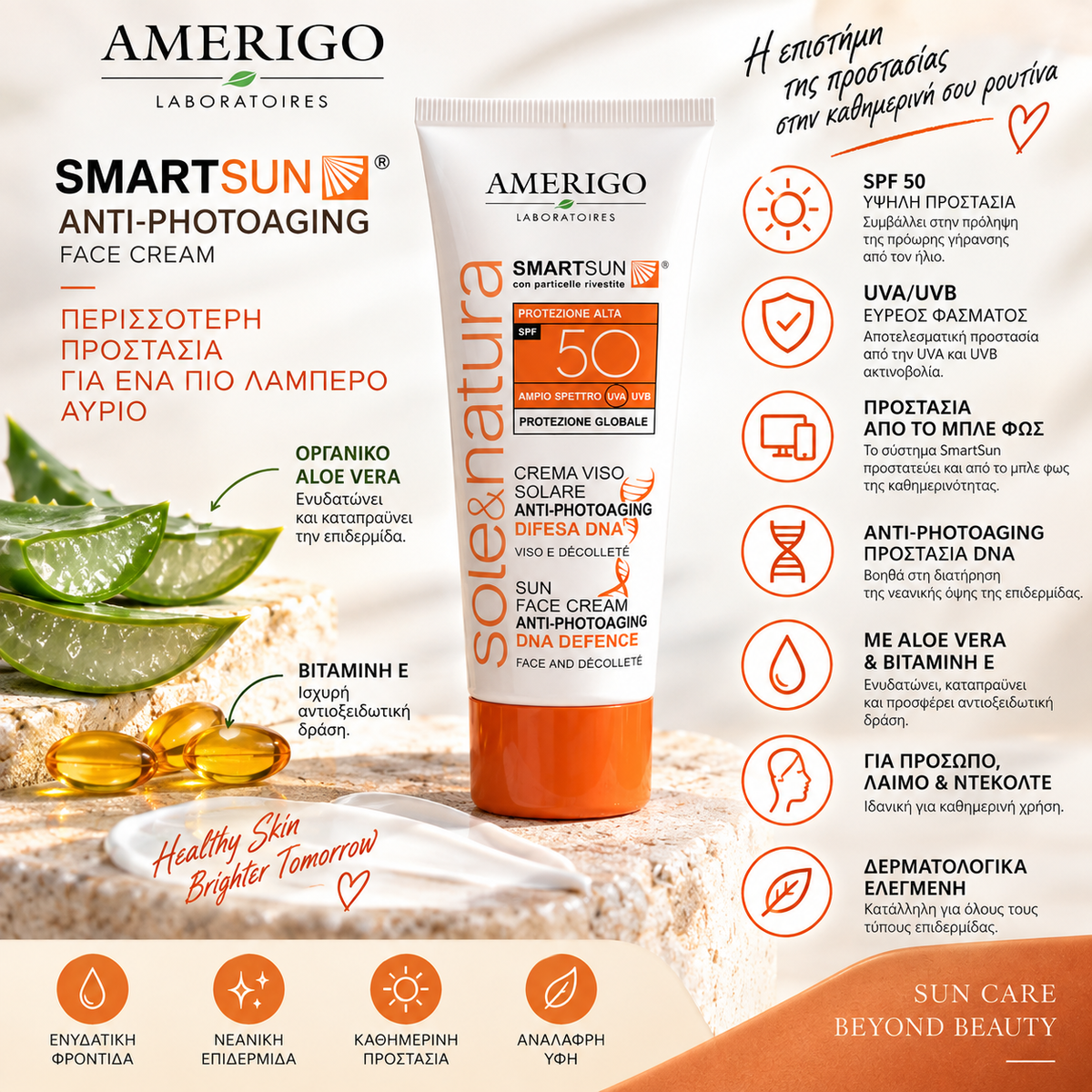 Amerigo SmartSun SPF50 50ml αντηλιακή κρέμα προσώπου Anti-Photoaging, infographic με τα οφέλη, την προστασία UVA/UVB, την προστασία από μπλε φως, Aloe Vera, βιταμίνη Ε και χρήση σε πρόσωπο, λαιμό και ντεκολτέ.
