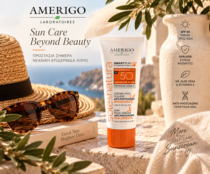 Amerigo SmartSun SPF50 50ml αντηλιακή κρέμα προσώπου Anti-Photoaging σε πολυτελές μεσογειακό sun care setting με γυαλιά ηλίου, ψάθινο καπέλο και ελιές.