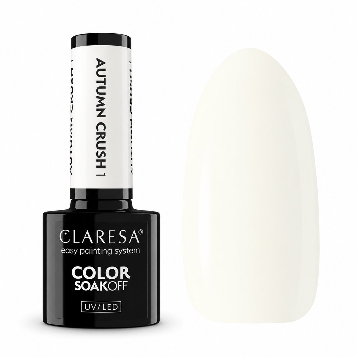 Claresa Autumn Crush 1 5g λευκό ημιμόνιμο βερνίκι νυχιών σε απαλή ivory κρεμ απόχρωση με glossy φινίρισμα και δείγμα χρώματος UV/LED