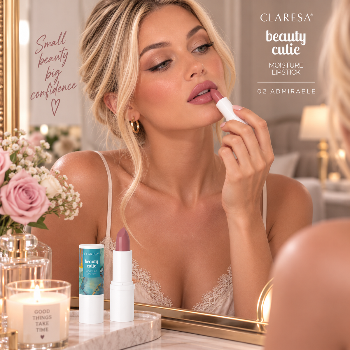 Claresa Beauty Cutie Moisture Lipstick 02 Admirable ενυδατικό κραγιόν σε κομψή ζεστή nude καφέ απόχρωση με κρεμώδες φινίρισμα