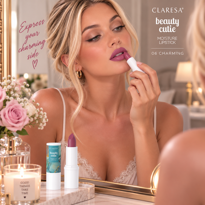 Claresa Beauty Cutie Moisture Lipstick 06 Charming σε κομψή mauve ροζ-μωβ απόχρωση, που εφαρμόζει ξανθιά γυναίκα σε elegant boudoir