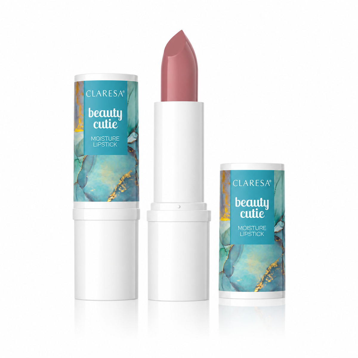 Claresa Beauty Cutie Moisture Lipstick Bonny 1 κομψό nude-ροζ κραγιόν σε απαλή dusty rose απόχρωση με ανοιχτό κραγιόν και συσκευασία σε λευκό φόντο