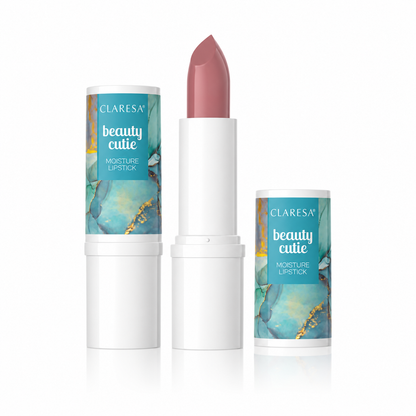 Claresa Beauty Cutie Moisture Lipstick Bonny 1 κομψό nude-ροζ κραγιόν σε απαλή dusty rose απόχρωση με ανοιχτό κραγιόν και συσκευασία σε λευκό φόντο