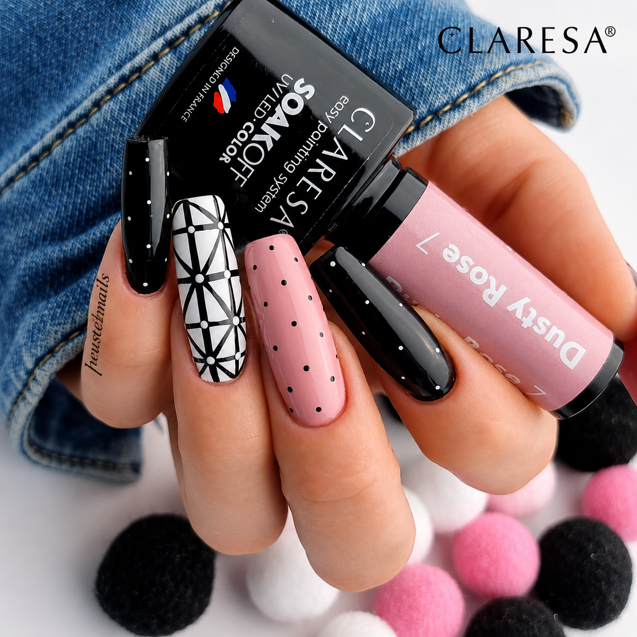 Claresa Black 900 μαύρο ημιμόνιμο βερνίκι νυχιών 5g σε manicure με μαύρο, λευκό και dusty rose nail art