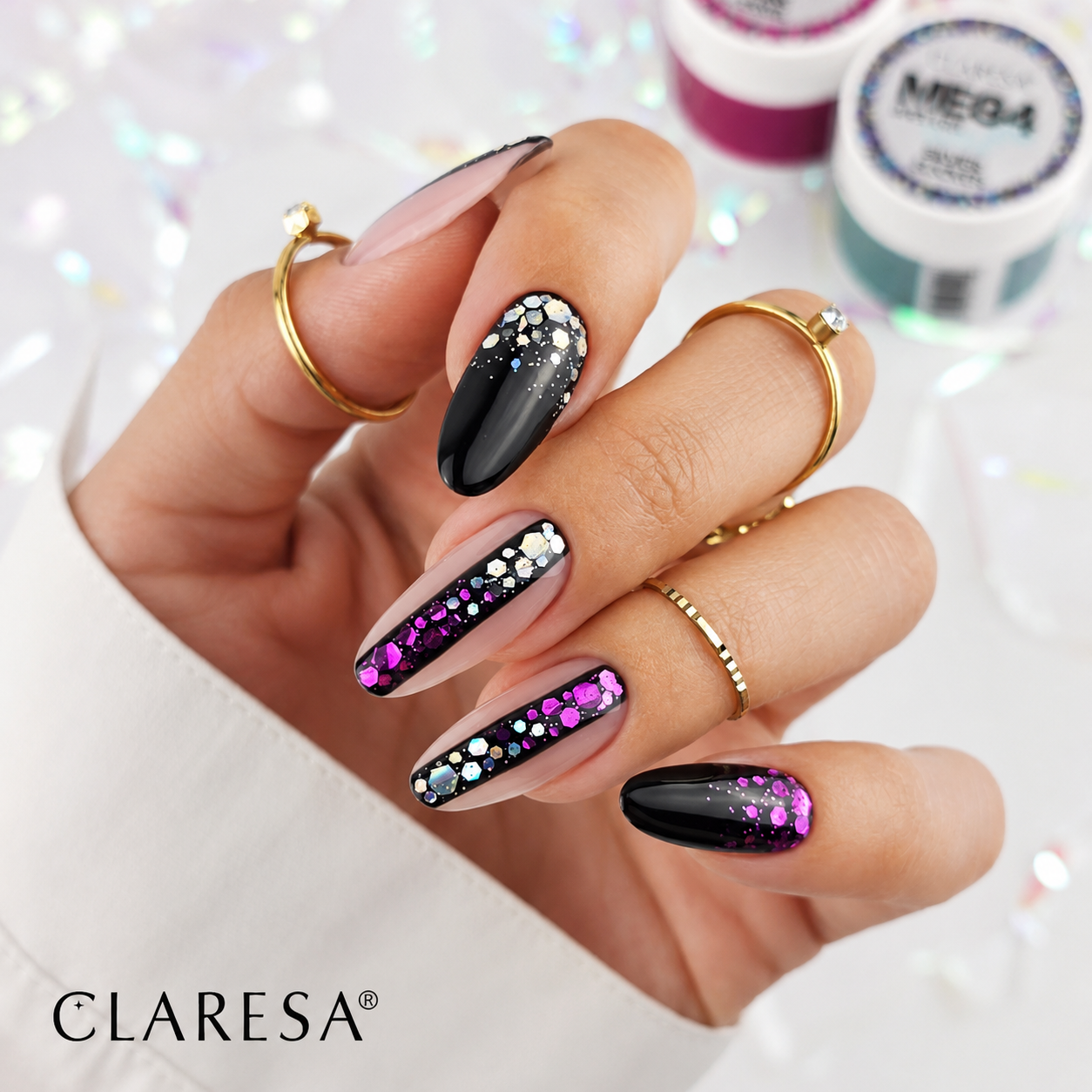 Claresa Black 900 μαύρο ημιμόνιμο βερνίκι νυχιών 5g σε εντυπωσιακό manicure με μαύρο χρώμα και μωβ glitter nail art