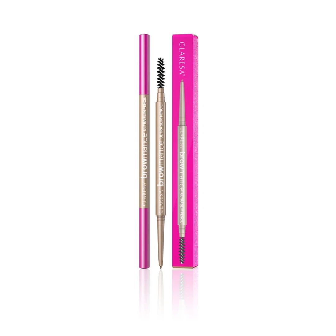 Claresa Browmance Ultra Slim Pencil 01 Soft Brown αυτόματο μολύβι φρυδιών με εξαιρετικά λεπτή άκρη 1,5 mm, βουρτσάκι και καφέ απόχρωση, σε λευκό φόντο