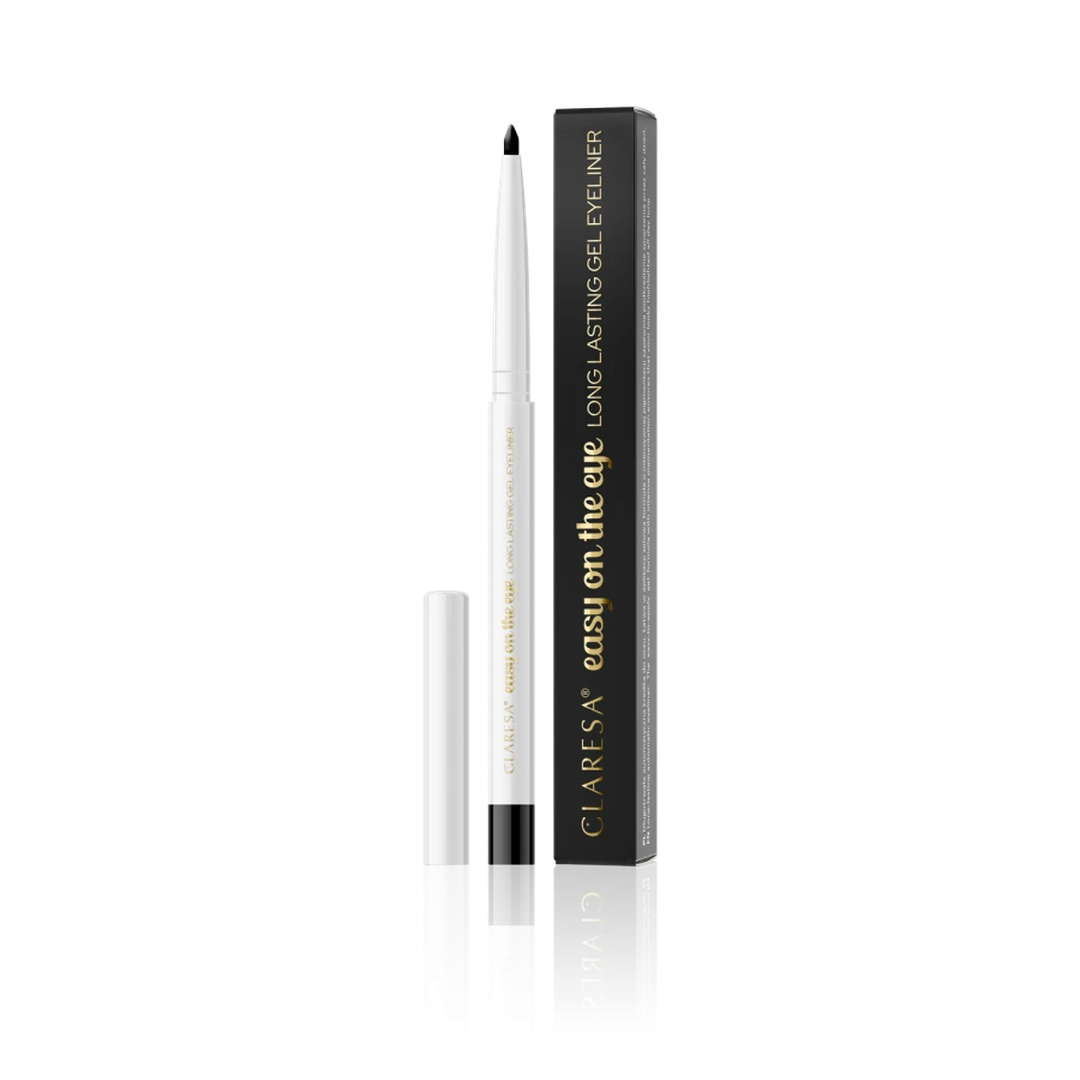 Claresa Easy On The Eye 01 Black Tulip 0,3g μακράς διάρκειας gel μολύβι ματιών σε έντονο μαύρο χρώμα με ματ φινίρισμα, λευκή συσκευασία και μαύρη συσκευασία σε λευκό φόντο