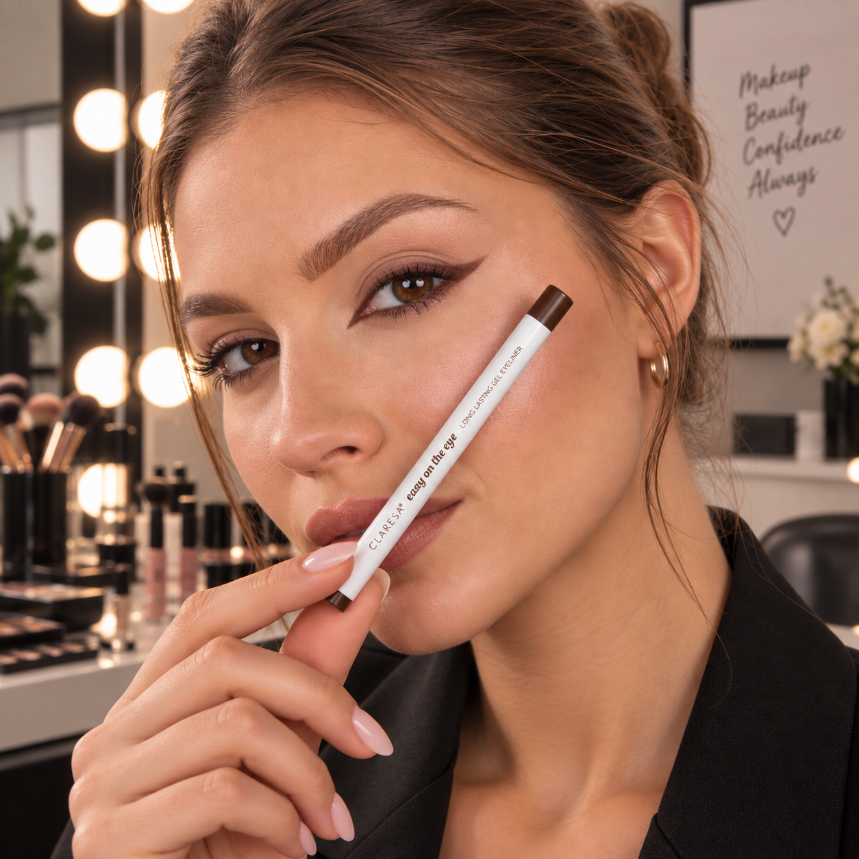 Claresa Easy On The Eye 02 Brown Lotus 0,3g μακράς διάρκειας gel μολύβι ματιών σε καφέ απόχρωση, εφαρμοσμένο σε επαγγελματικό studio μακιγιάζ για κομψό brown eyeliner look