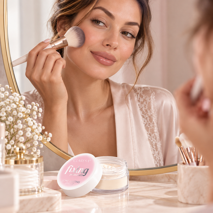 Claresa fixing pow(d)er! 5,5g ημιδιάφανη loose setting powder για σταθεροποίηση μακιγιάζ, καθώς εφαρμόζεται με πινέλο σε γυναίκα σε luxury beauty setting