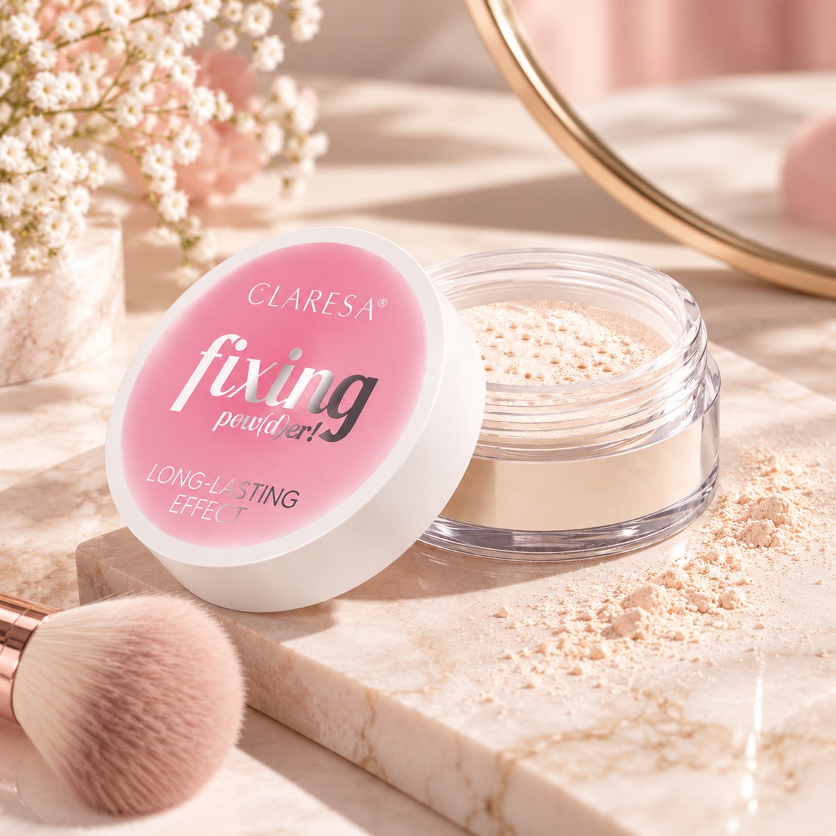 Claresa fixing pow(d)er! 5,5g ημιδιάφανη loose setting powder σε κομψή λευκή και ροζ συσκευασία, ανοιχτή πάνω σε πολυτελή επιφάνεια με πούδρα, πινέλο μακιγιάζ και elegant beauty διακόσμηση.