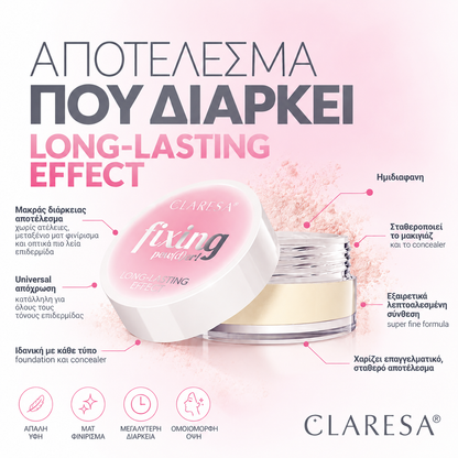 Claresa fixing pow(d)er! 5,5g ημιδιάφανη loose setting powder για σταθεροποίηση μακιγιάζ, με εξαιρετικά λεπτοαλεσμένη σύνθεση και απαλά ματ φινίρισμα, σε κομψή λευκή και ροζ συσκευασία