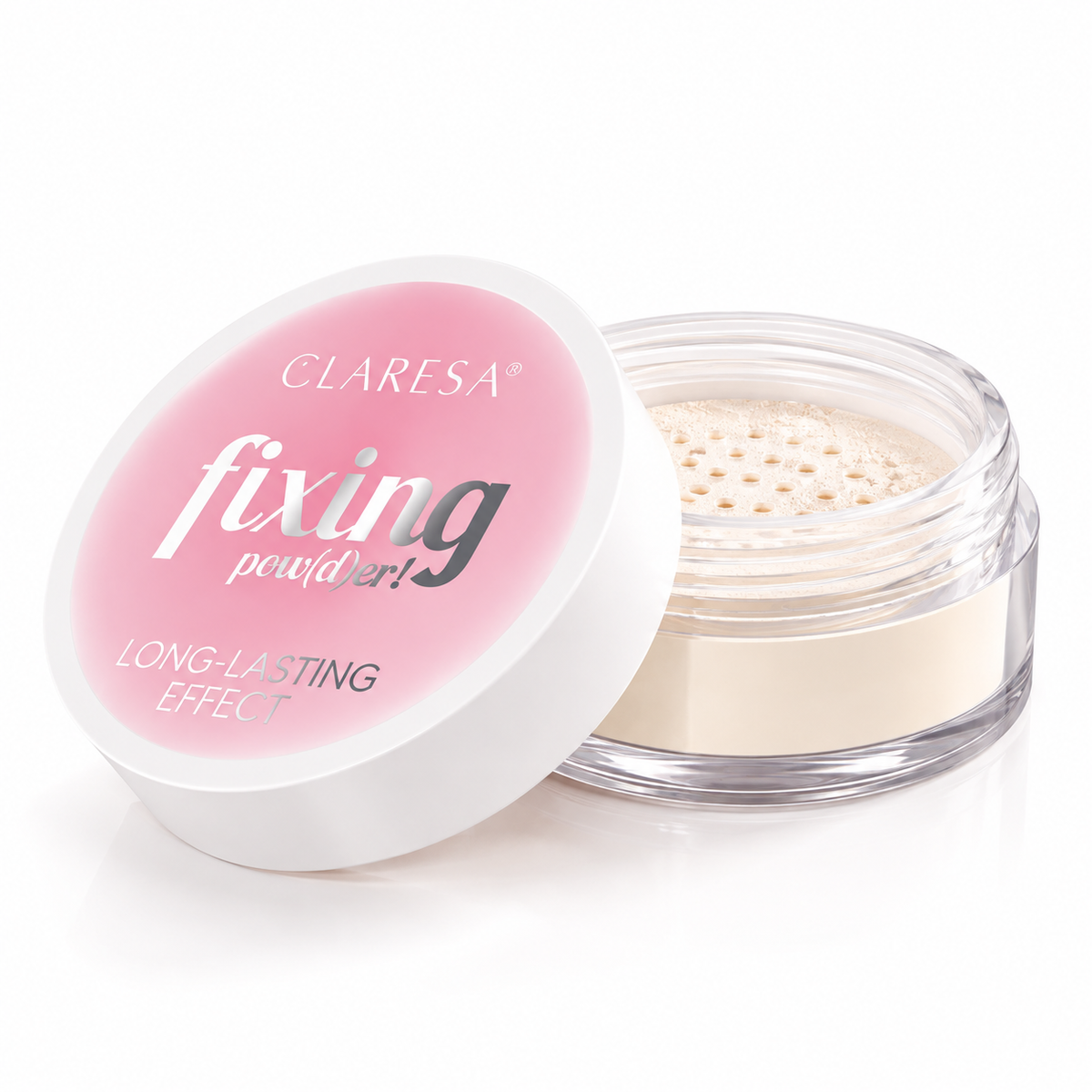 Claresa fixing pow(d)er! 5,5g ημιδιάφανη loose setting powder σε ανοιχτή συσκευασία με λεπτόκοκκη πούδρα και ροζ καπάκι, σε καθαρό λευκό φόντο.