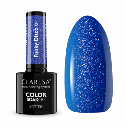 Claresa Funky Disco 6 5g μπλε ημιμόνιμο βερνίκι νυχιών σε έντονη μπλε απόχρωση με λευκό και ιριδίζον glitter και δείγμα χρώματος UV/LED