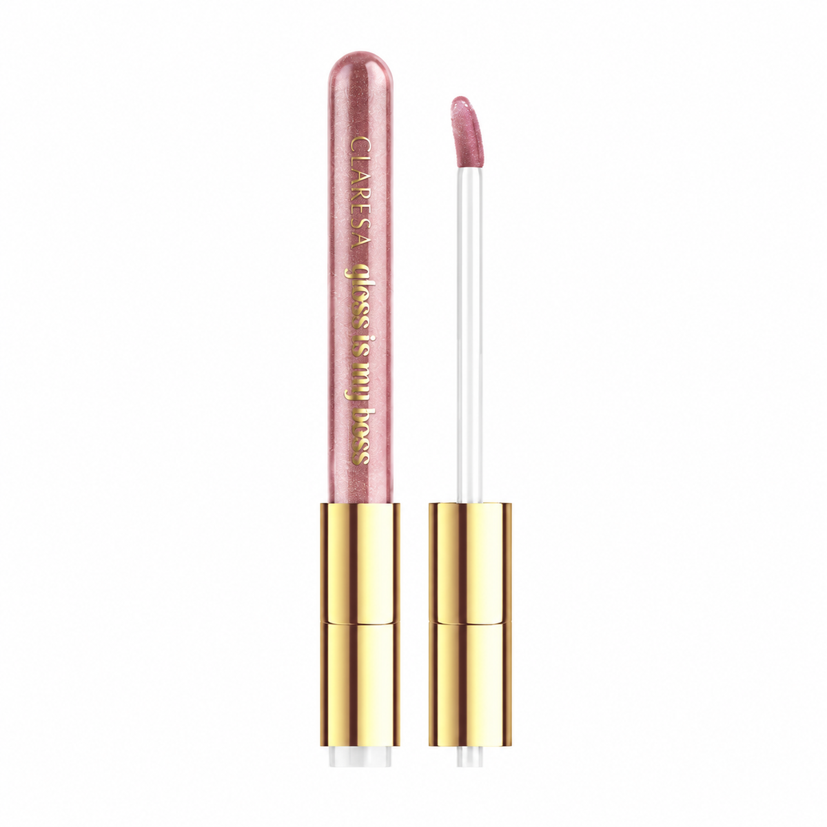 Claresa Gloss Is My Boss 04 Girl Chief 5ml lip gloss σε απαλή μπεζ-nude απόχρωση με διακριτικές λαμπερές μικρο-περλέ λεπτομέρειες και glossy φινίρισμα, σε λευκό φόντο
