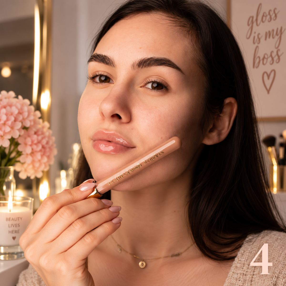 Claresa Gloss Is My Boss 04 Girl Chief 5ml lip gloss σε απαλή nude-ροζ απόχρωση με διακριτική λάμψη, κρατημένο δίπλα στο πρόσωπο σε elegant lifestyle beauty φωτογραφία