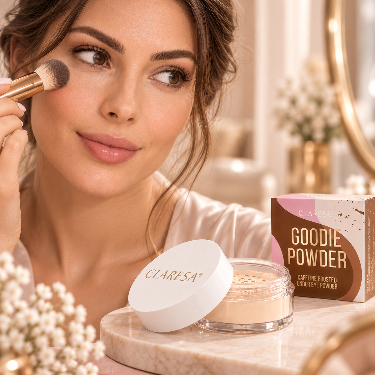 Claresa Goodie Powder 6g πούδρα κάτω από τα μάτια με καφεΐνη, με γυναίκα που εφαρμόζει απαλά την πούδρα με πινέλο και το προϊόν σε luxury beauty setting