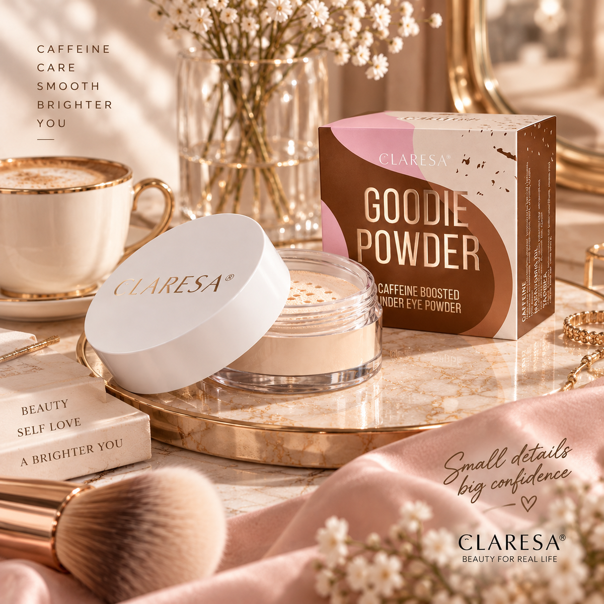 Claresa Goodie Powder 6g πούδρα κάτω από τα μάτια με καφεΐνη, σε κομψή λευκή συσκευασία και κουτί, σε πολυτελές luxury beauty setting με χρυσές λεπτομέρειες, πινέλο και elegant διακόσμηση.