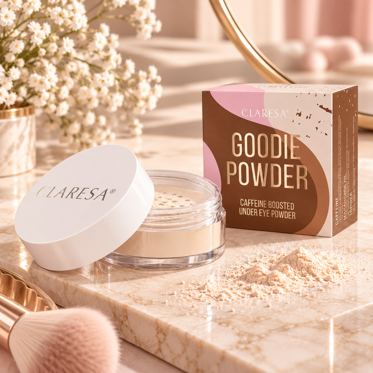 Claresa Goodie Powder 6g πούδρα κάτω από τα μάτια με καφεΐνη, σε κομψή λευκή συσκευασία και κουτί, σε luxury beauty setting με πούδρα, μάρμαρο και elegant διακόσμηση.