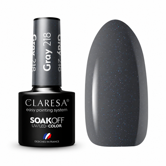 Claresa Gray 218 5g γκρι ημιμόνιμο βερνίκι νυχιών σε ανθρακί γκρι απόχρωση με διακριτικό μπλε glitter και δείγμα χρώματος UV/LED