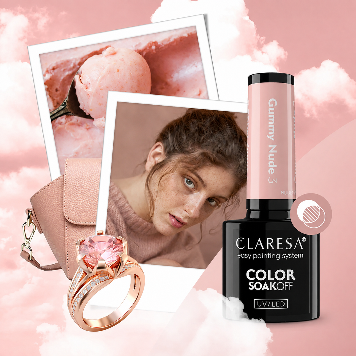 Claresa Gummy Nude 3 ημιμόνιμο βερνίκι νυχιών 5g σε peachy pink nude απόχρωση με κομψό floral manicure και λευκά λουλούδια