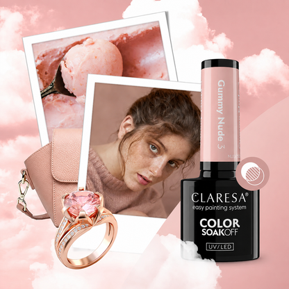 Claresa Gummy Nude 3 ημιμόνιμο βερνίκι νυχιών 5g σε peachy pink nude απόχρωση με κομψό floral manicure και λευκά λουλούδια