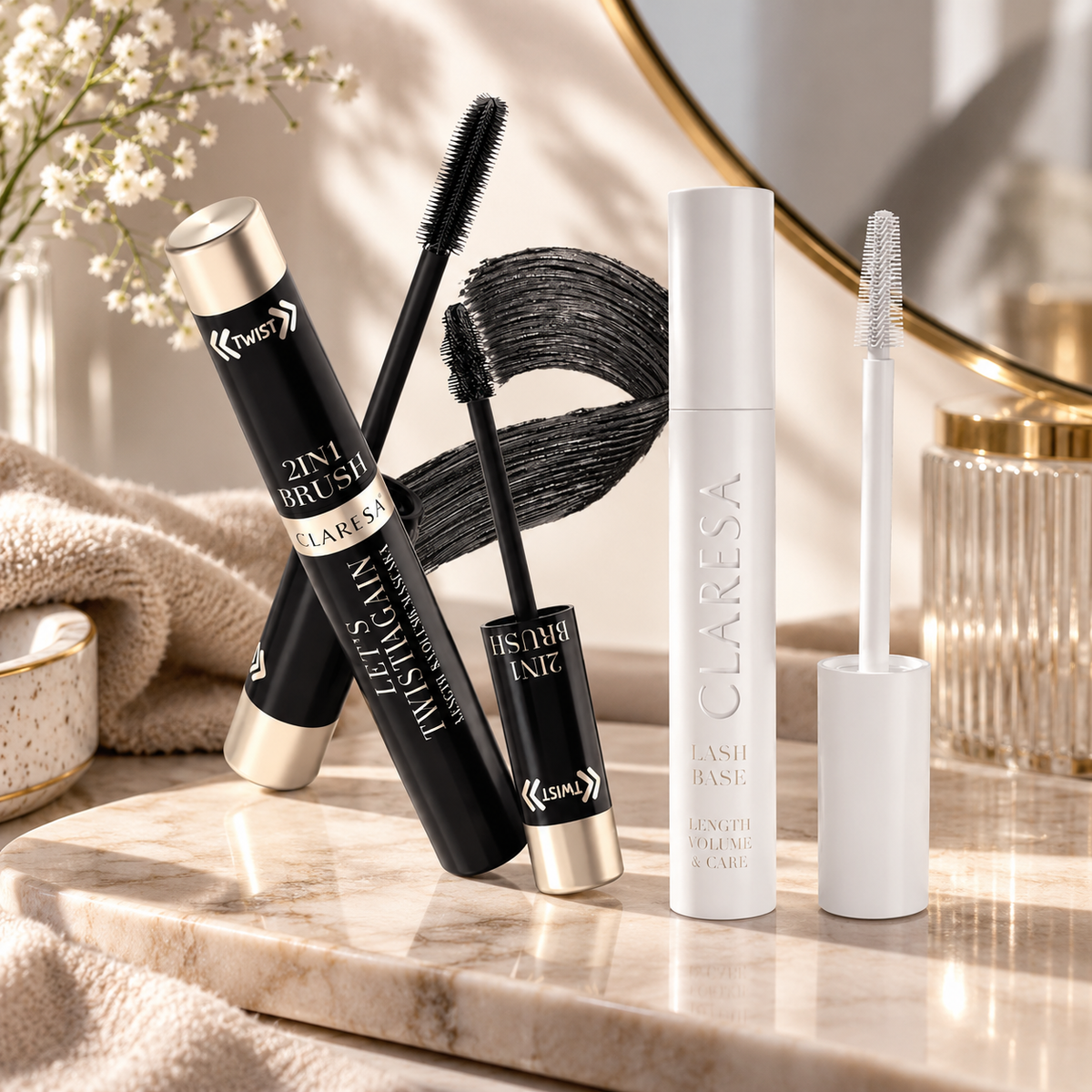 Claresa Holiday Lash Duo σετ με μάσκαρα Let’s Twist Again 2-in-1 Length & Volume και Lash Base Length, Volume & Care σε elegant beauty setting
