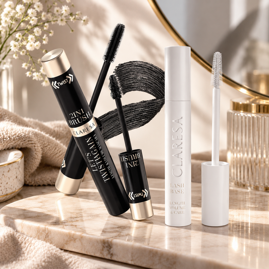 Claresa Holiday Lash Duo σετ με μάσκαρα Let’s Twist Again 2-in-1 Length & Volume και Lash Base Length, Volume & Care σε elegant beauty setting