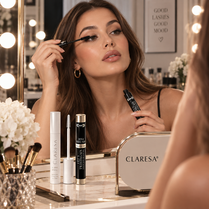 Claresa Holiday Lash Duo με κοπέλα που εφαρμόζει τη μάσκαρα Let’s Twist Again σε επαγγελματικό boudoir με Lash Base και προϊόντα μακιγιάζ